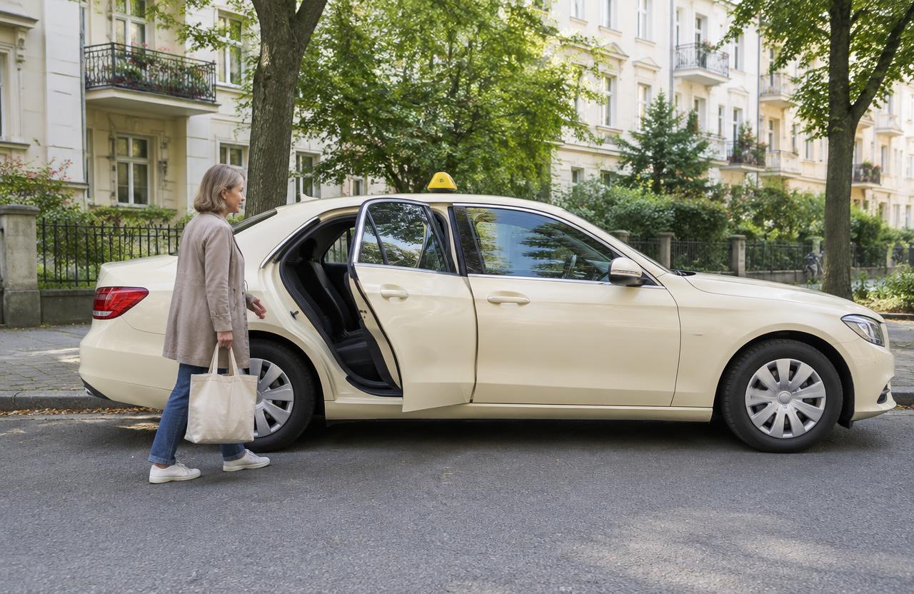 Eine Frau mit Einkaufstasche neben einem hellen Taxi auf einer Wohnstraße